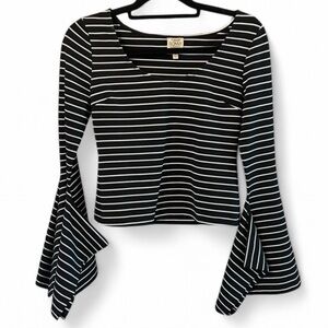 Black and White Stripe Bell Sleeve Shirt - Size Medium